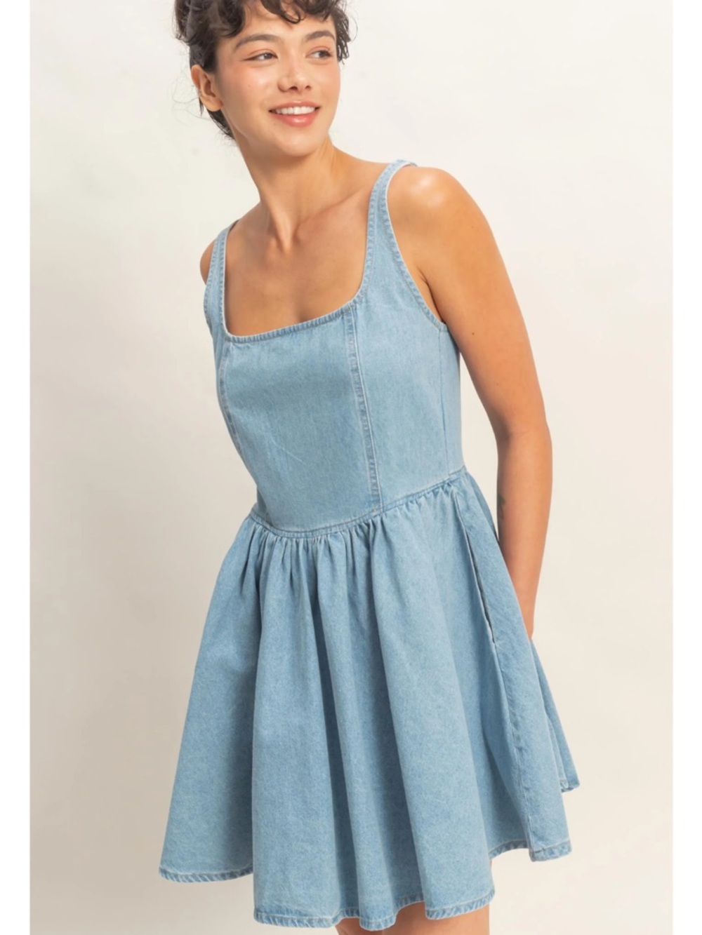 NEW Double Zero Scoop Neck Denim Mini Dress Large 100% Cotton Flowy Fit & Flare